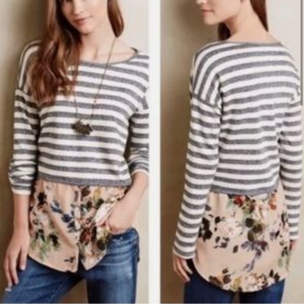 Anthropologie Gray and Cream Striped Knit Pullover with Floral Hem